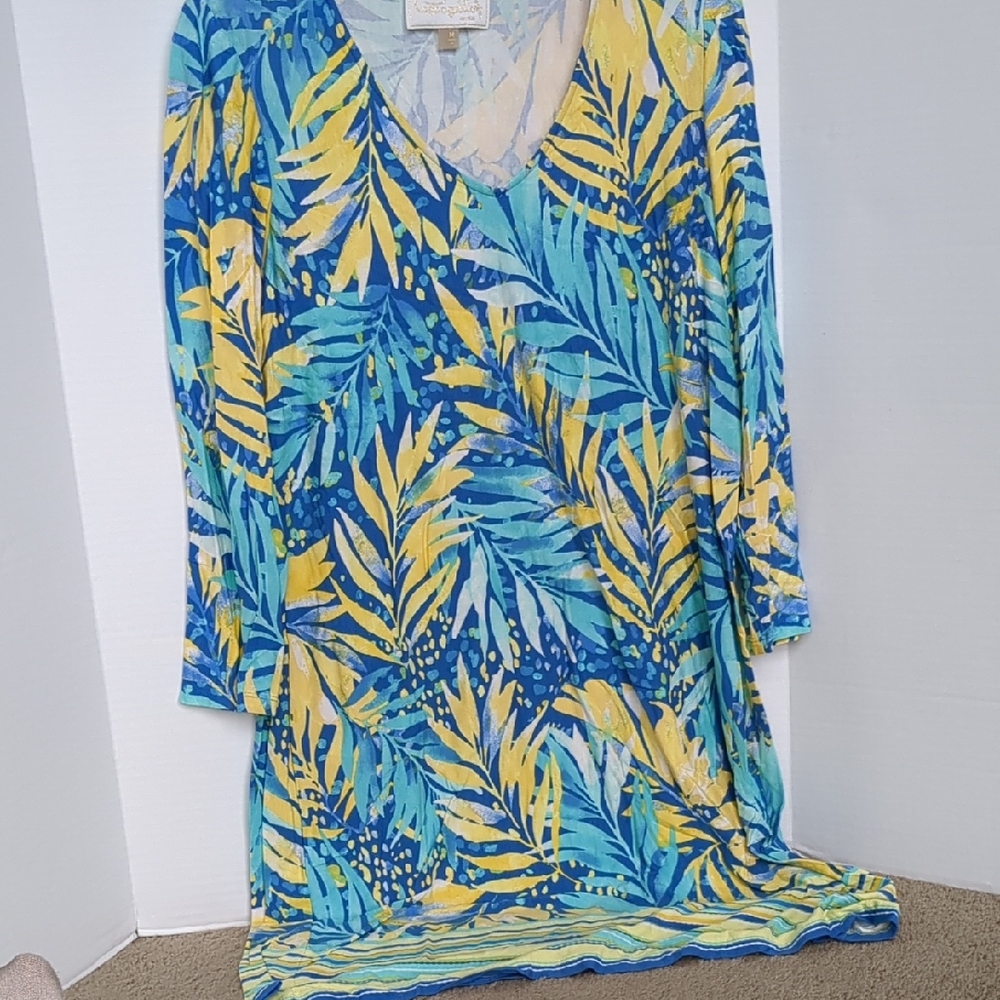 Pappagallo Blue and Yellow Leaf Print Dress
